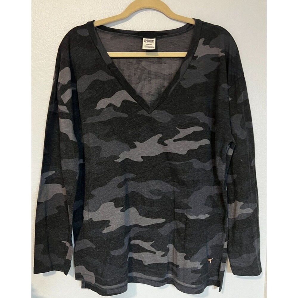 Victorias Secret PINK Long Sleeve Relaxed CAMO Shirt L Rose Gold Letters On Back